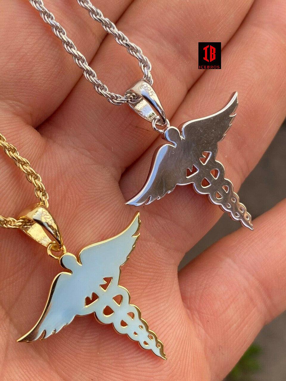 925 Silver Gold Caduceus Pendant Chain Healthcare Worker Nurse Doctor