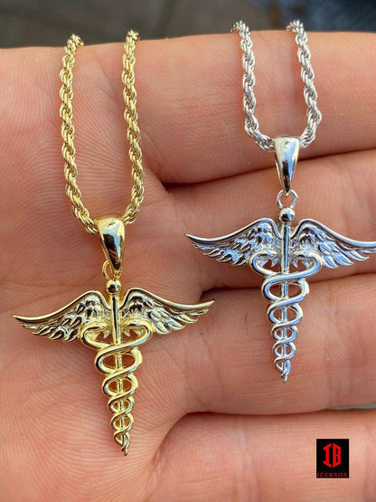 925 Silver Gold Caduceus Pendant Chain Healthcare Worker Nurse Doctor