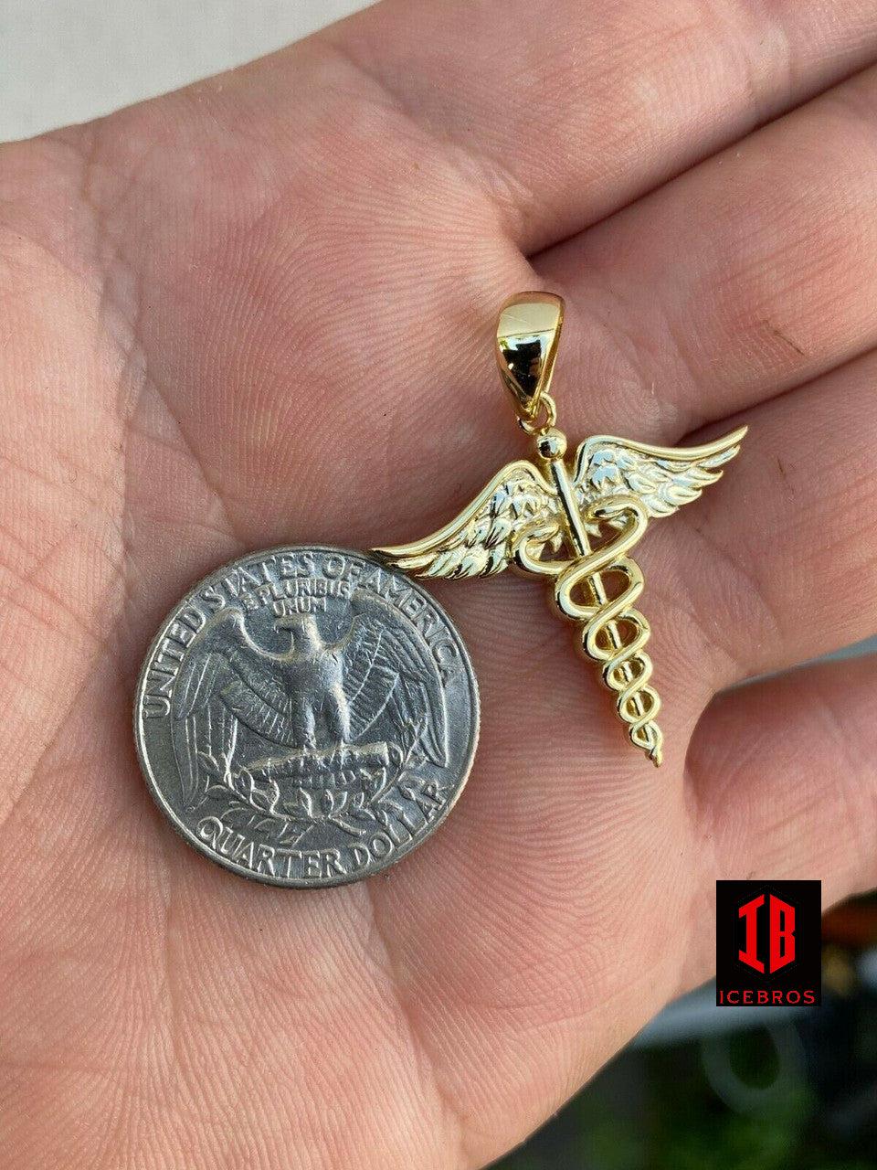 925 Silver Gold Caduceus Pendant Chain Healthcare Worker Nurse Doctor