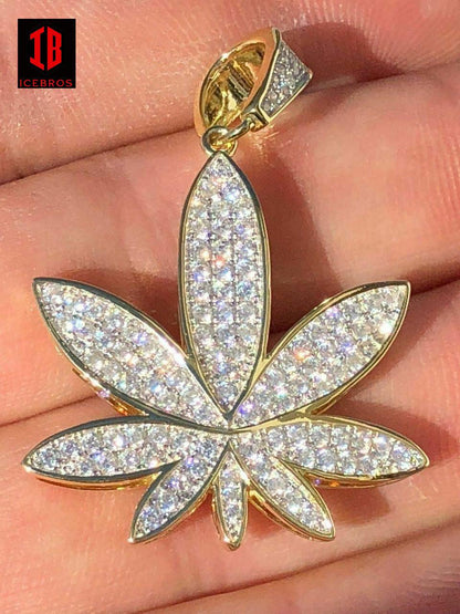 Men's Fine 925 Silver Iced Leaf Diamond Pendant 14k Gold