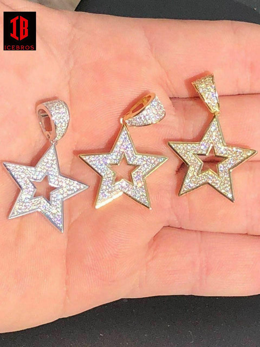 Fine Solid 925 Silver Super STAR Pendant Hip Hop Iced Icy Diamond 14k Golden