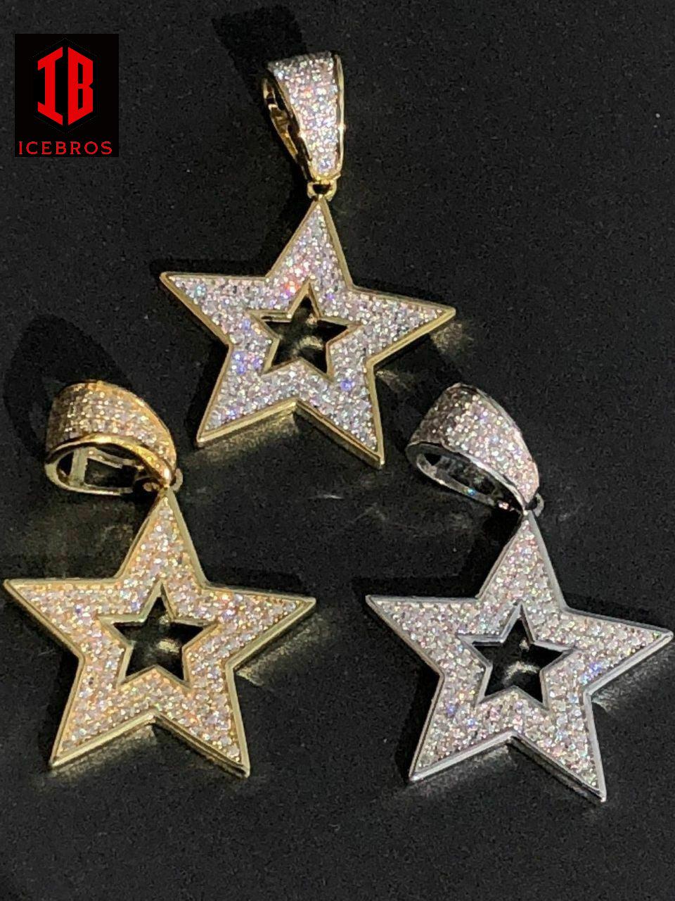 Fine Solid 925 Silver Super STAR Pendant Hip Hop Iced Icy Diamond 14k Golden