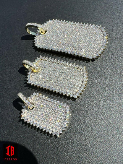 925 Silver Dog Tag Iced CZ Pendant Necklace - 3 Sizes Unisex