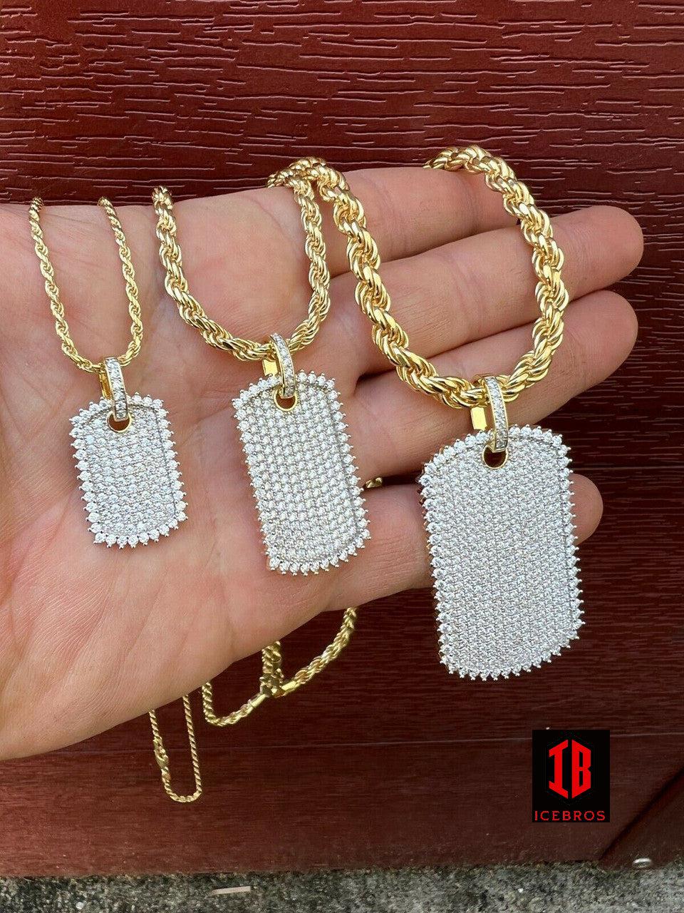 925 Silver Dog Tag Iced CZ Pendant Necklace - 3 Sizes Unisex