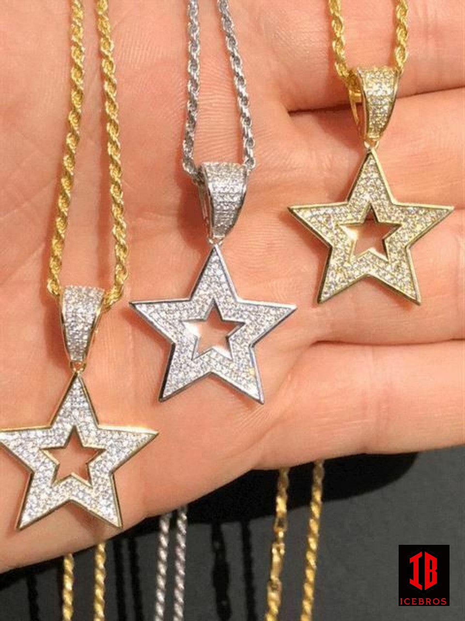 Fine Solid 925 Silver Super STAR Pendant Hip Hop Iced Icy Diamond 14k Golden