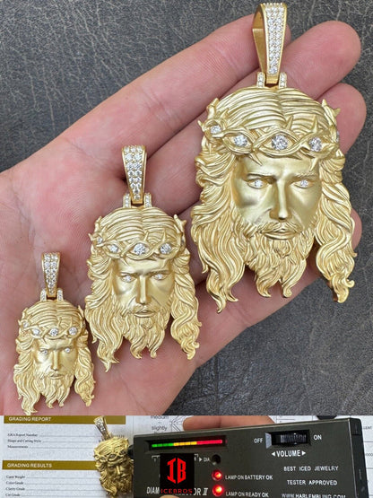 MOISSANITE PENDANT Jesus Face CHARM, 3D Jesus Piece Iced Polished Charm, 14k Gold Vermeil 925 Sterling Silver Sand Blast Finish Men Pendant