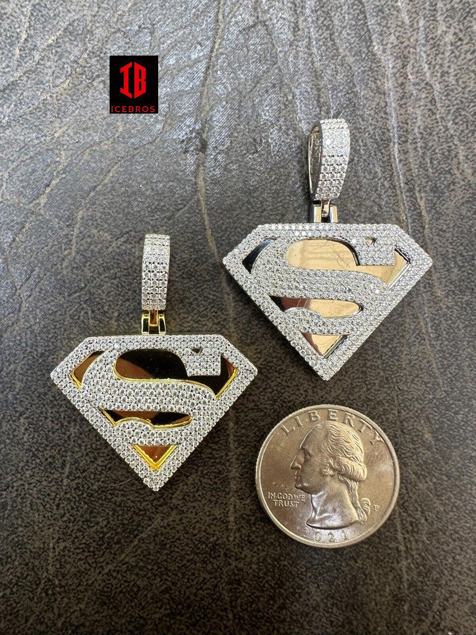 MOISSANITE 925 Silver 14K Gold Coated SUPERMAN Plain Bail Superhero Pendant Necklace