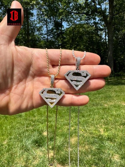 MOISSANITE 925 Silver 14K Gold Coated SUPERMAN Plain Bail Superhero Pendant Necklace