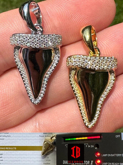 MOISSANITE Iced Solid Shark Tooth Iced Pendant 925 Silver 14K Gold Coating Charm