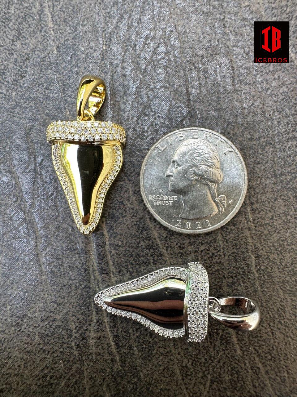 MOISSANITE Iced Solid Shark Tooth Iced Pendant 925 Silver 14K Gold Coating Charm