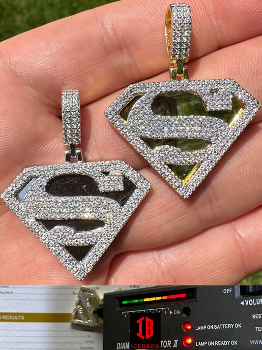 MOISSANITE 925 Silver 14K Gold Coated SUPERMAN Plain Bail Superhero Pendant Necklace