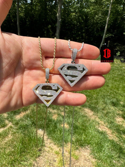 MOISSANITE 925 Silver 14K Gold Coated SUPERMAN Plain Bail Superhero Pendant Necklace