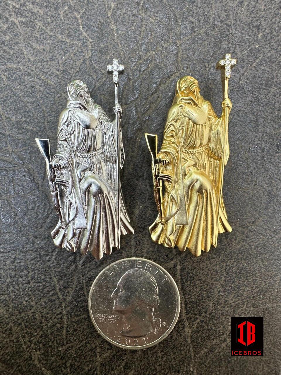 3D Santa Muerte MATTE Grim Reaper Death Charm W. AK47 925 ITALY Silver 14K Gold Bonded