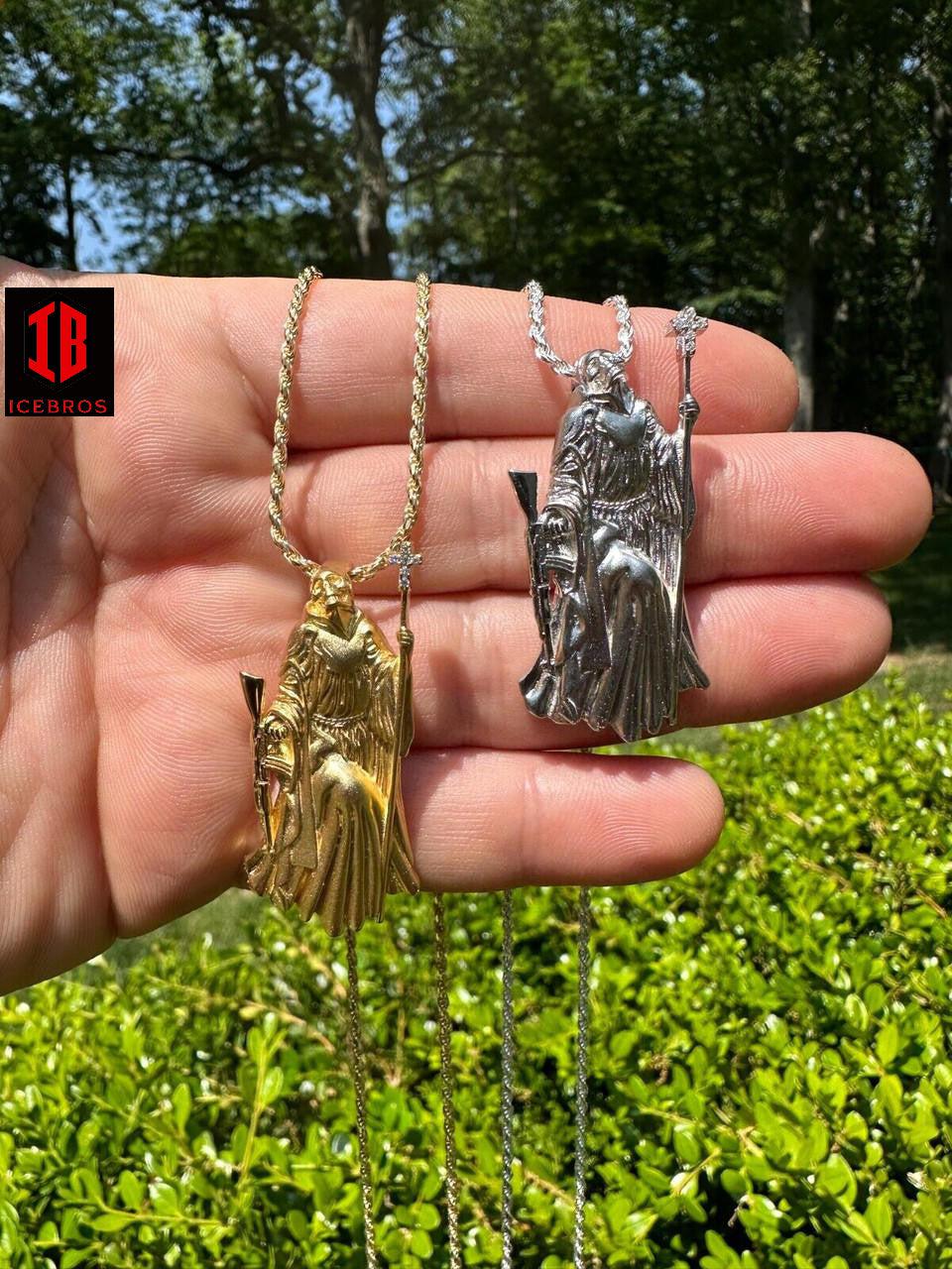 3D Santa Muerte MATTE Grim Reaper Death Charm W. AK47 925 ITALY Silver 14K Gold Bonded