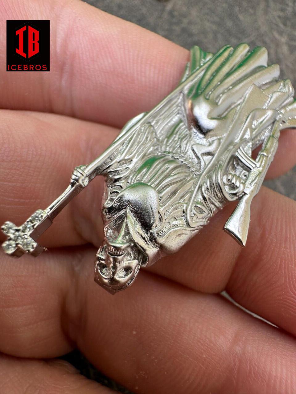 3D Santa Muerte MATTE Grim Reaper Death Charm W. AK47 925 ITALY Silver 14K Gold Bonded