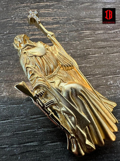 3D Santa Muerte MATTE Grim Reaper Death Charm W. AK47 925 ITALY Silver 14K Gold Bonded