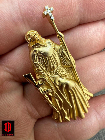 3D Santa Muerte MATTE Grim Reaper Death Charm W. AK47 925 ITALY Silver 14K Gold Bonded