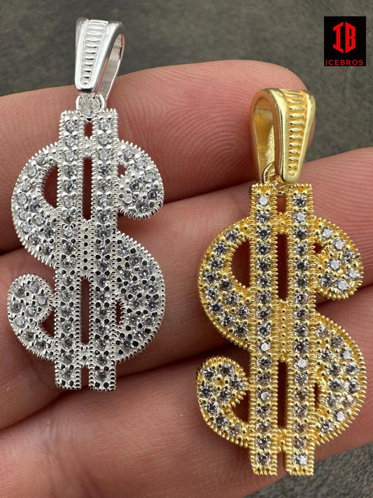 925 Vermeil Silver 14K Gold Color Iced Dollar $ Sign Money Hip Hop Pendant CZ Necklace