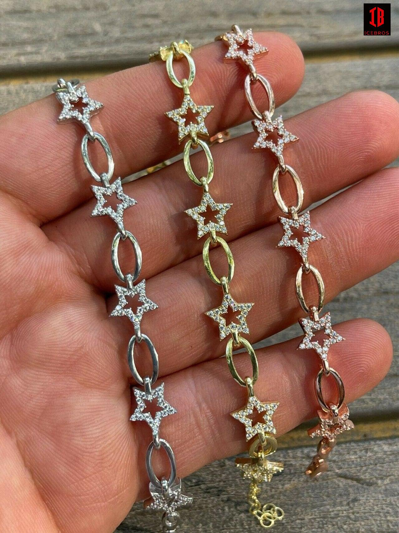 Girls Womens Real 925 Sterling Silver / Yellow Rose Rolo Star Charm Bracelet