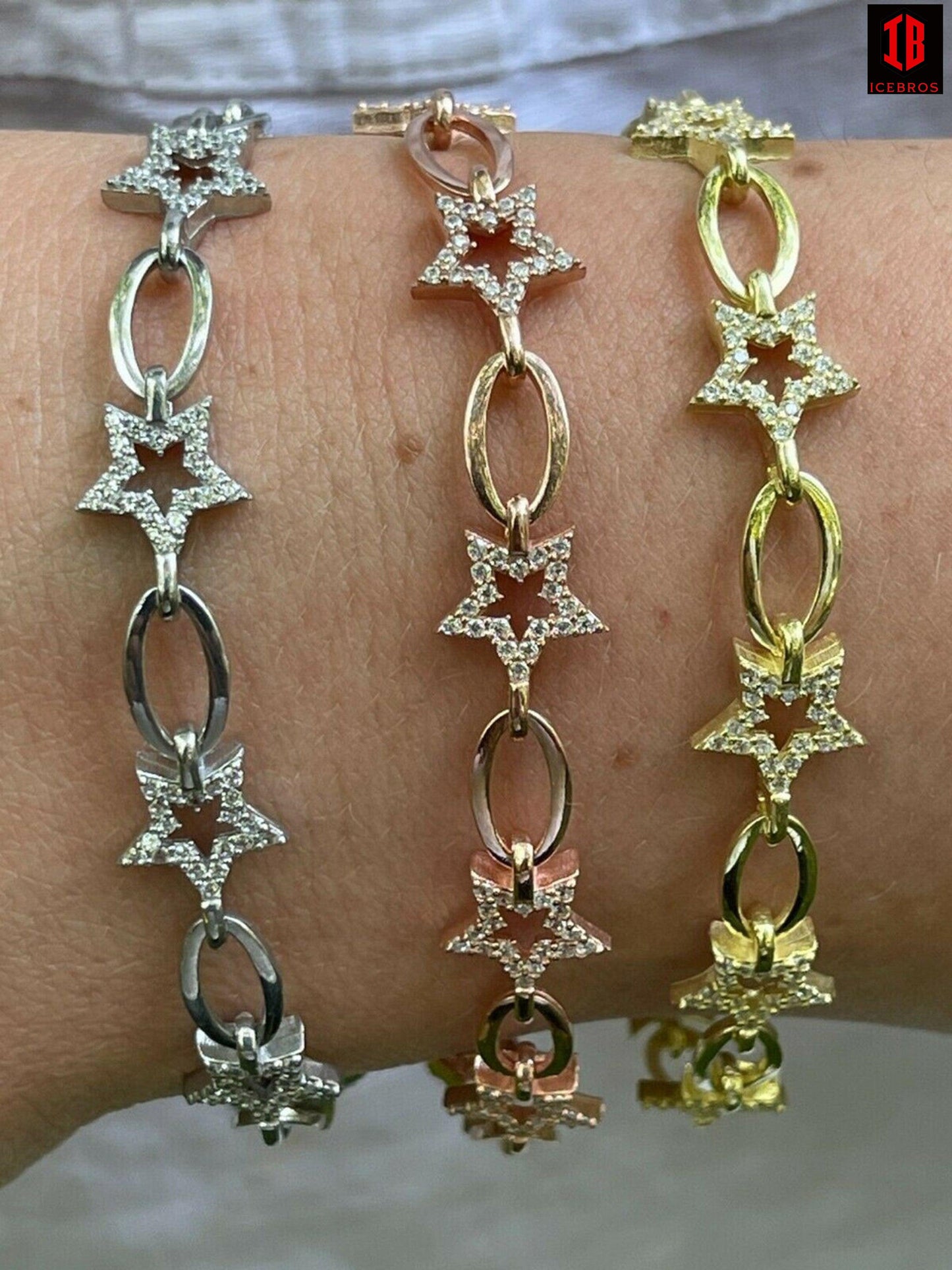 Girls Womens Real 925 Sterling Silver / Yellow Rose Rolo Star Charm Bracelet