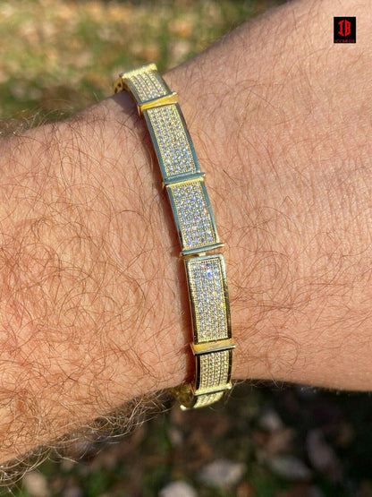 RHODIUM Gold Over Solid 925 Sterling Silver Mens Iced Flooded Out Bracelet Diamond