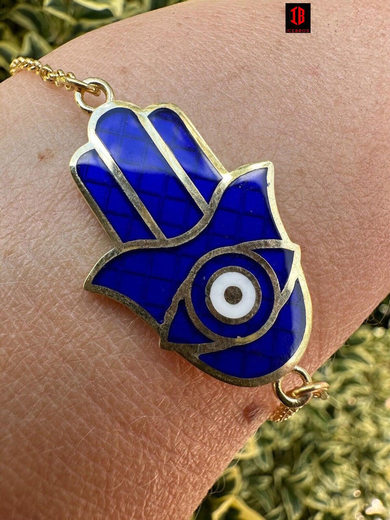 Hamsa Hand Bracelet Solid Real 925 Silver white Gold Plated Blue Enamel Evil Eye