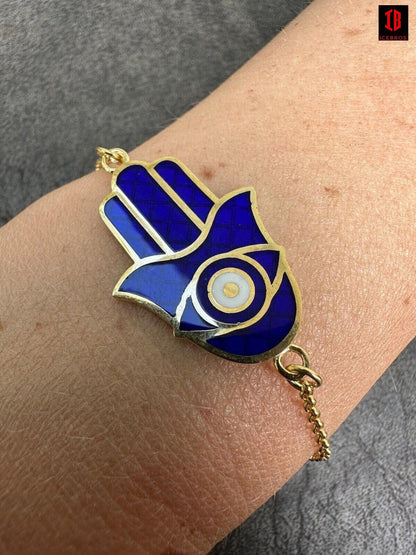 Hamsa Hand Bracelet Solid Real 925 Silver yellow Gold Plated Blue Enamel Evil Eye