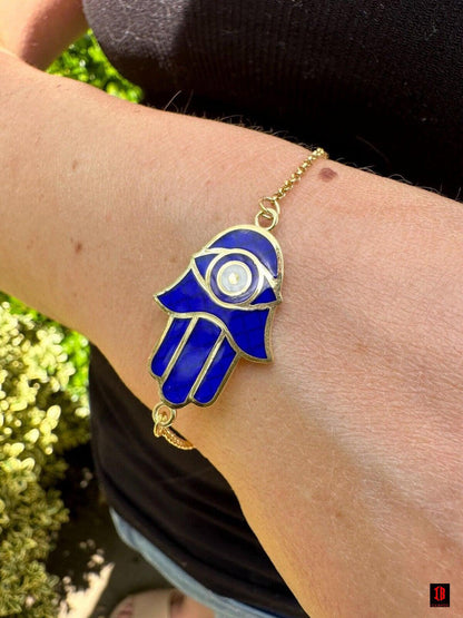 Hamsa Hand Bracelet Solid Real 925 Silver white Gold Plated Blue Enamel Evil Eye