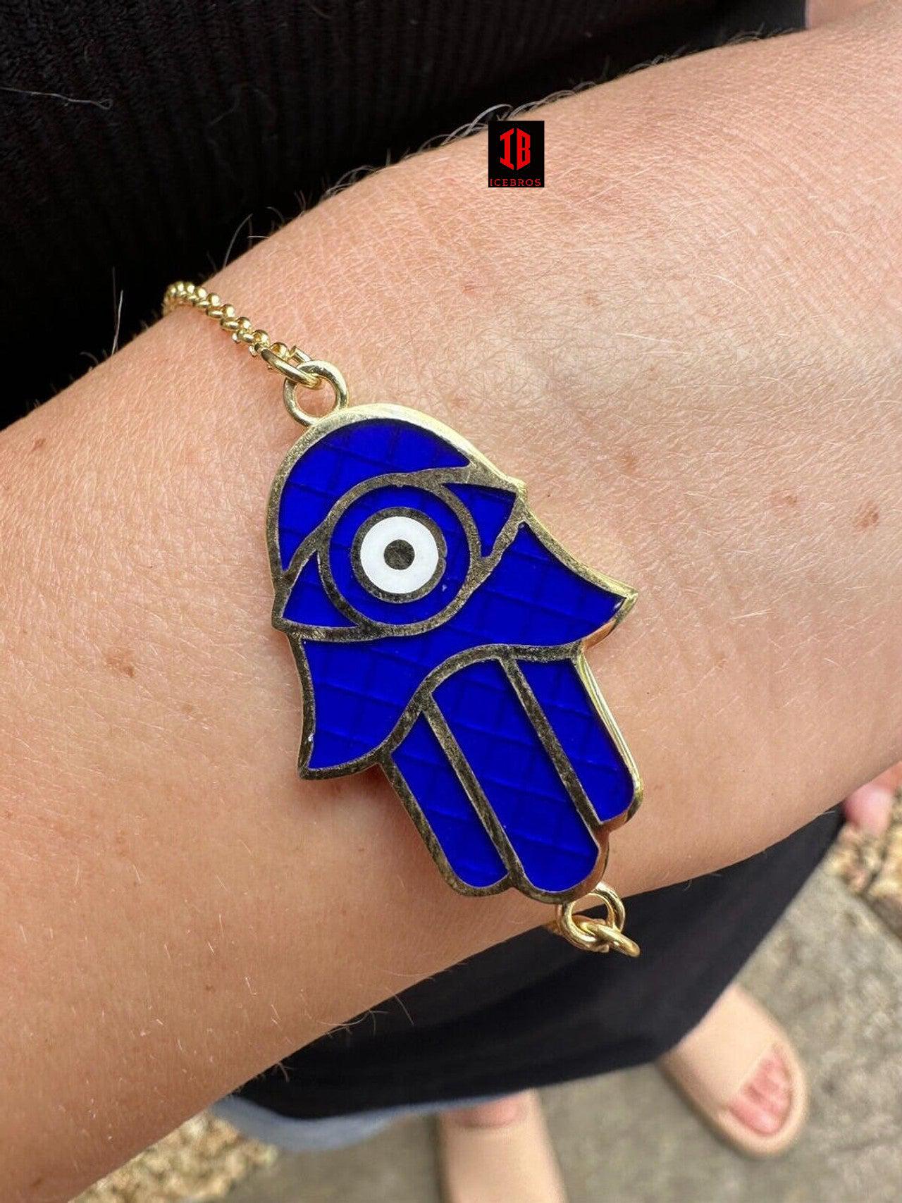 Hamsa Hand Bracelet Solid Real 925 Silver white Gold Plated Blue Enamel Evil Eye