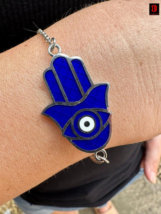 Hamsa Hand Bracelet Solid Real 925 Silver white Gold Plated Blue Enamel Evil Eye