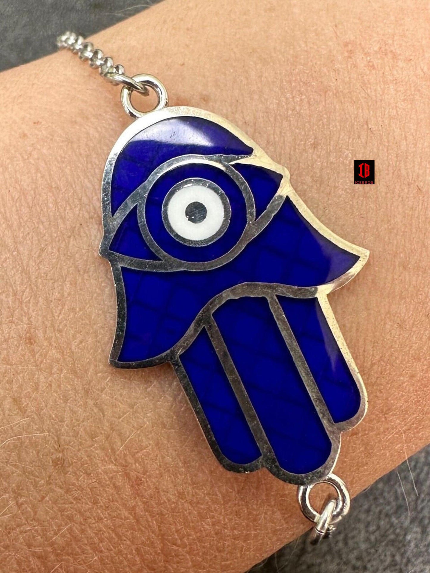 Hamsa Hand Bracelet Solid Real 925 Silver white Gold Plated Blue Enamel Evil Eye