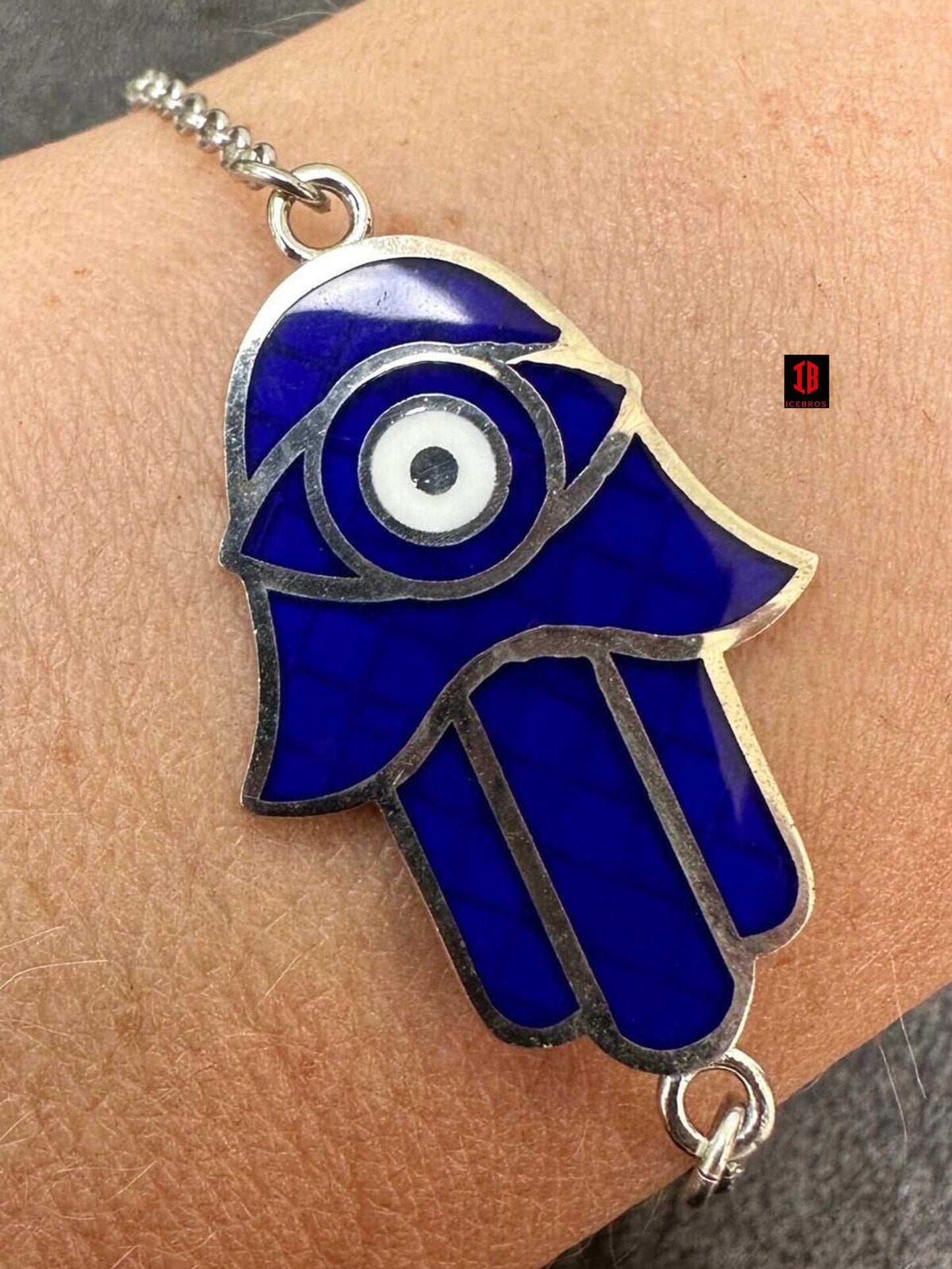 Hamsa Hand Bracelet Solid Real 925 Silver yellow Gold Plated Blue Enamel Evil Eye