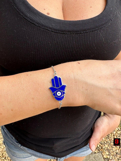 Hamsa Hand Bracelet Solid Real 925 Silver white Gold Plated Blue Enamel Evil Eye