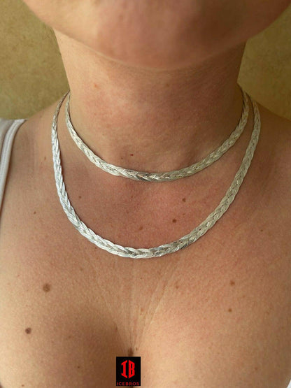 Ladies Solid 925 Sterling Silver Braided Herringbone Chain Necklace 6mm 14"-22"