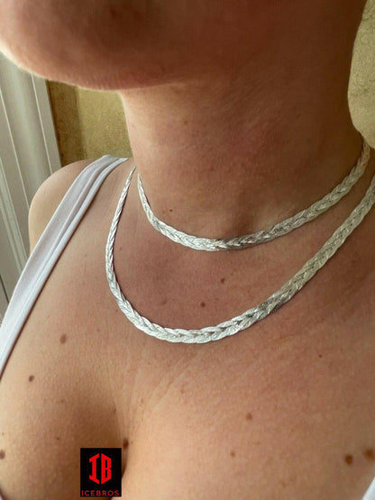 Ladies Solid 925 Sterling Silver Braided Herringbone Chain Necklace 6mm 14"-22"