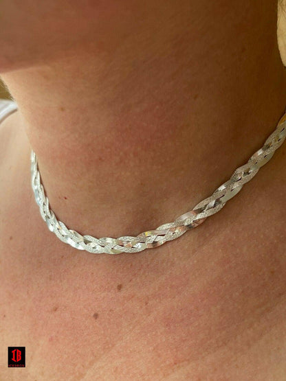 Ladies Solid 925 Sterling Silver Braided Herringbone Chain Necklace Diamond Cut