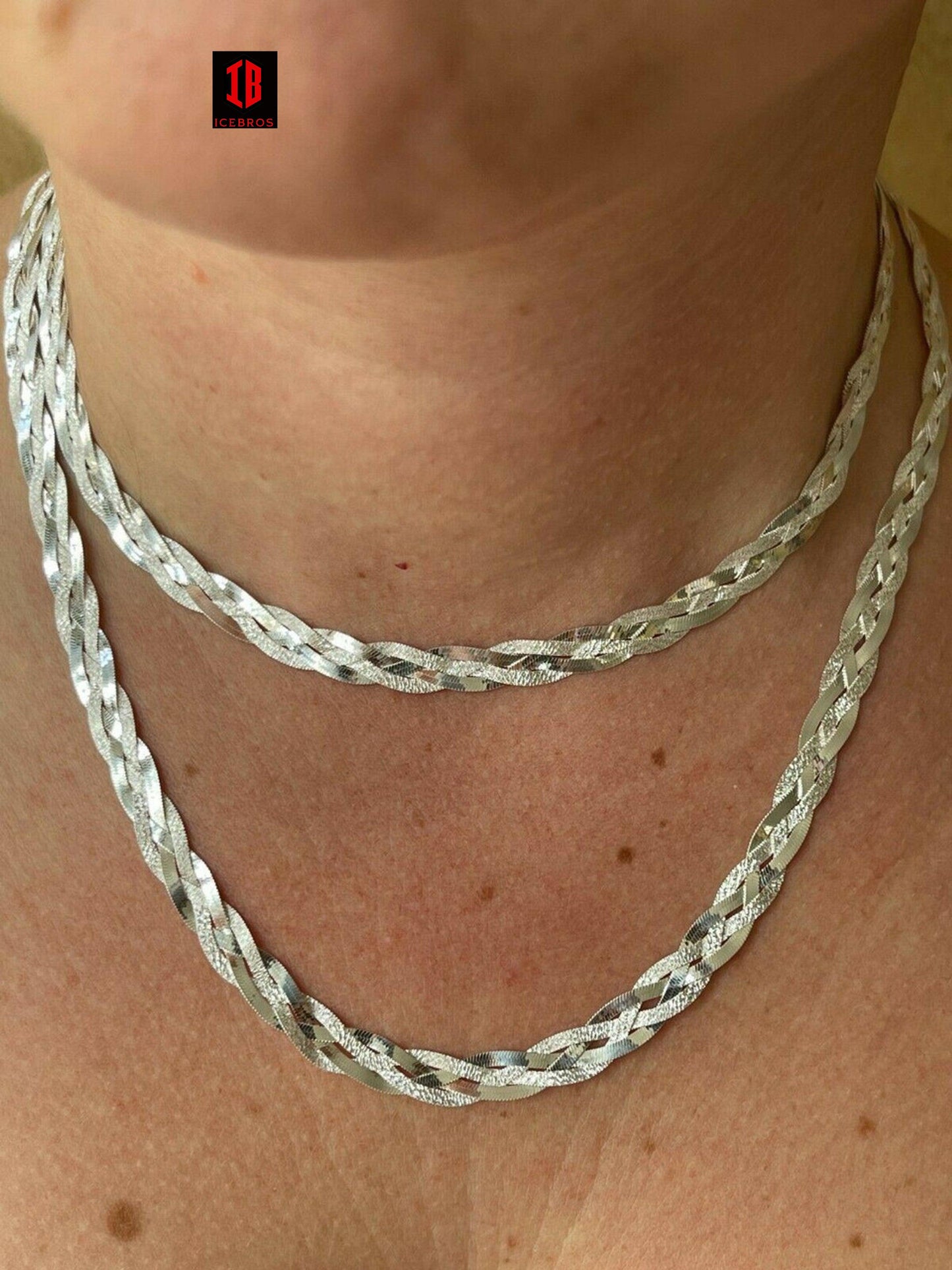 Ladies Solid 925 Sterling Silver Braided Herringbone Chain Necklace Diamond Cut