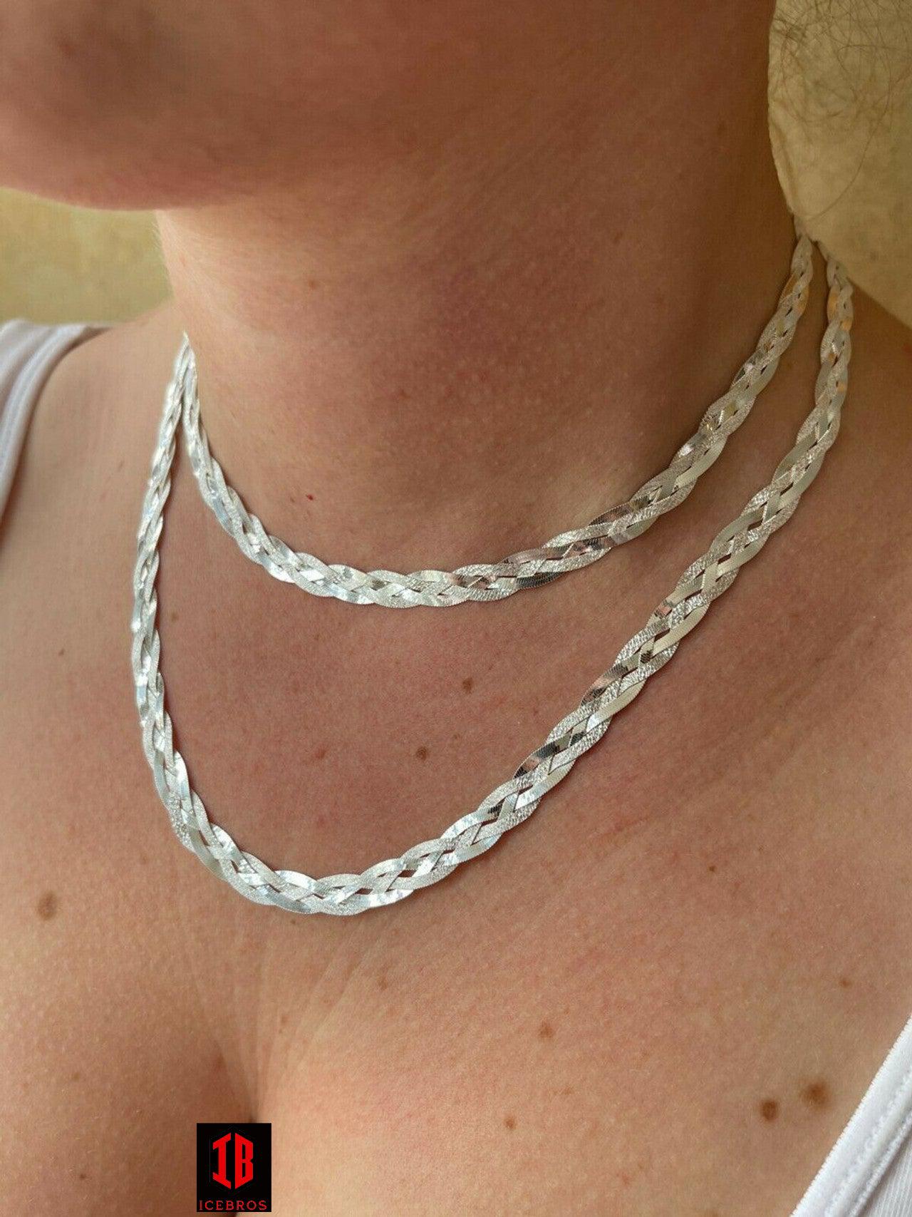 Ladies Solid 925 Sterling Silver Braided Herringbone Chain Necklace Diamond Cut