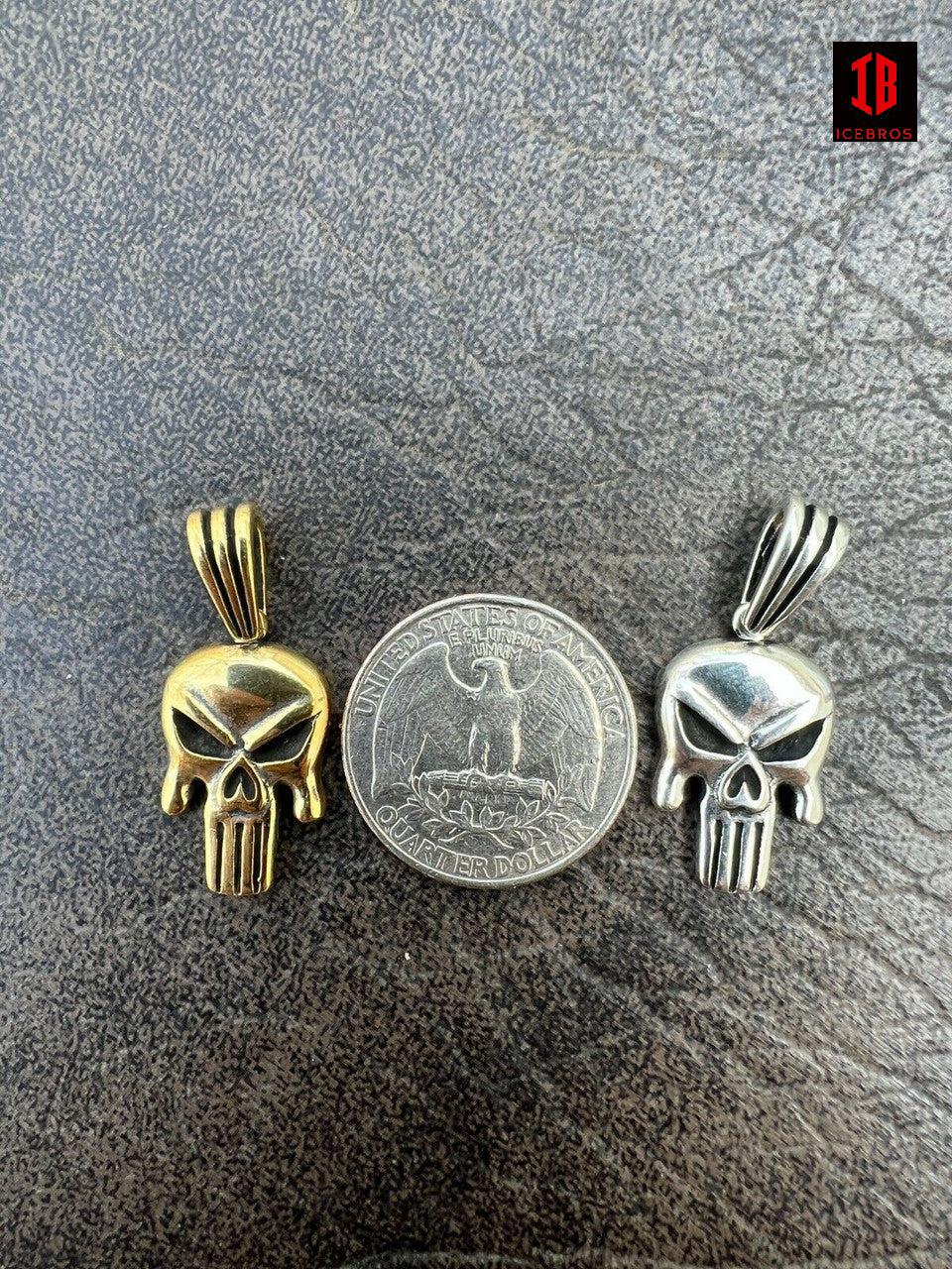 Solid 925 Sterling Silver 14k Gold Punisher Skull Pendant Necklace Biker