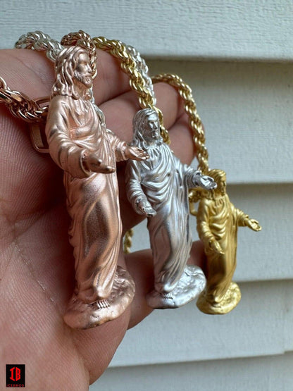 Solid 3D Detail Jesus Piece Vermeil 925 Silver 14k Yellow Rose Gold Pendant Chains