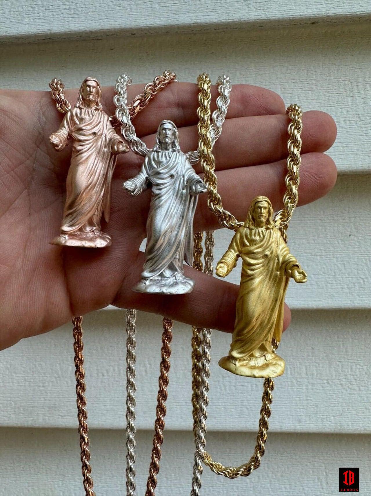 Solid 3D Detail Jesus Piece Vermeil 925 Silver 14k Yellow Rose Gold Pendant Chains
