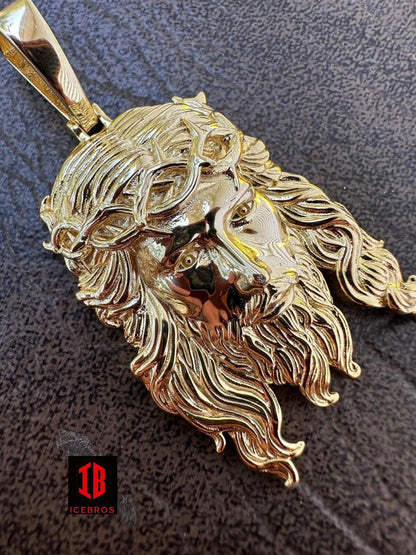 Glossy 10k 14k Gold Over 925 ITALY Silver Jesus Piece Iced Pendant Chain - 3 Sizes