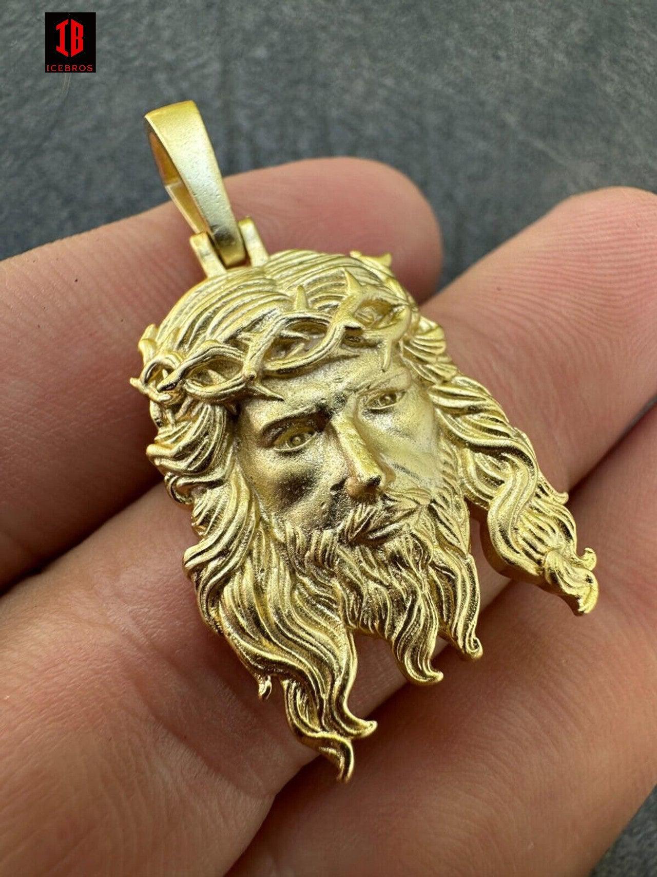 Copy of Matte Fine  10K 14K Gold over 925 ITALY Silver Jesus Piece Iced Pendant Chain - 3 Sizes