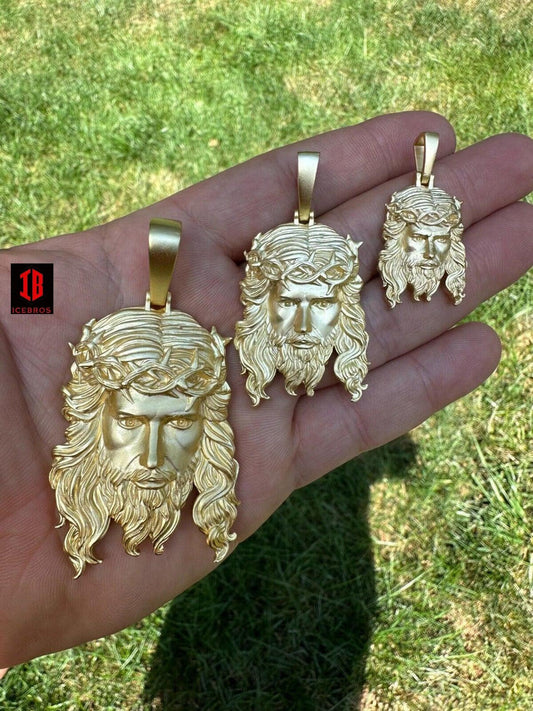 Copy of Matte Fine  10K 14K Gold over 925 ITALY Silver Jesus Piece Iced Pendant Chain - 3 Sizes