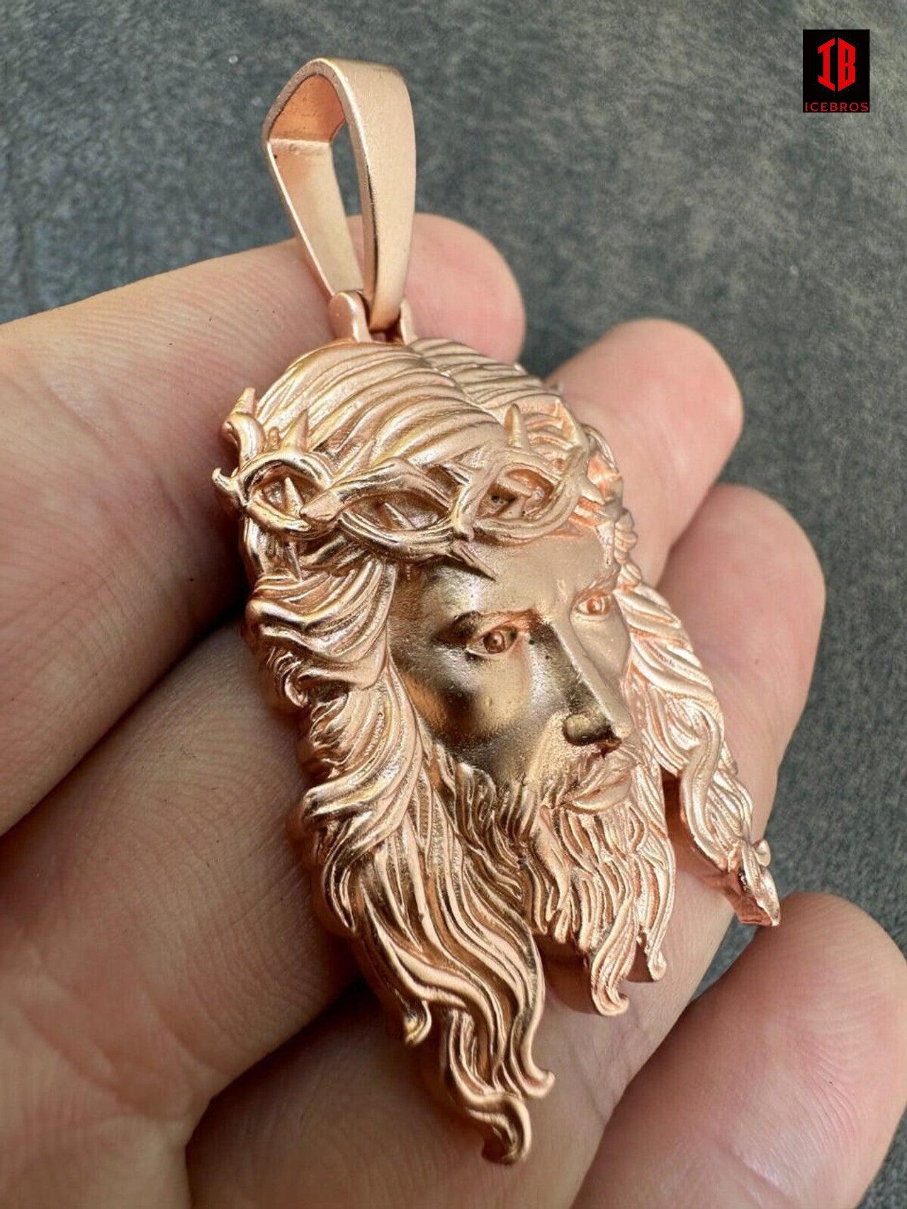 Matte Fine  Rose Gold over 925 ITALY Silver Jesus Piece Iced Pendant Chain - 3 Sizes