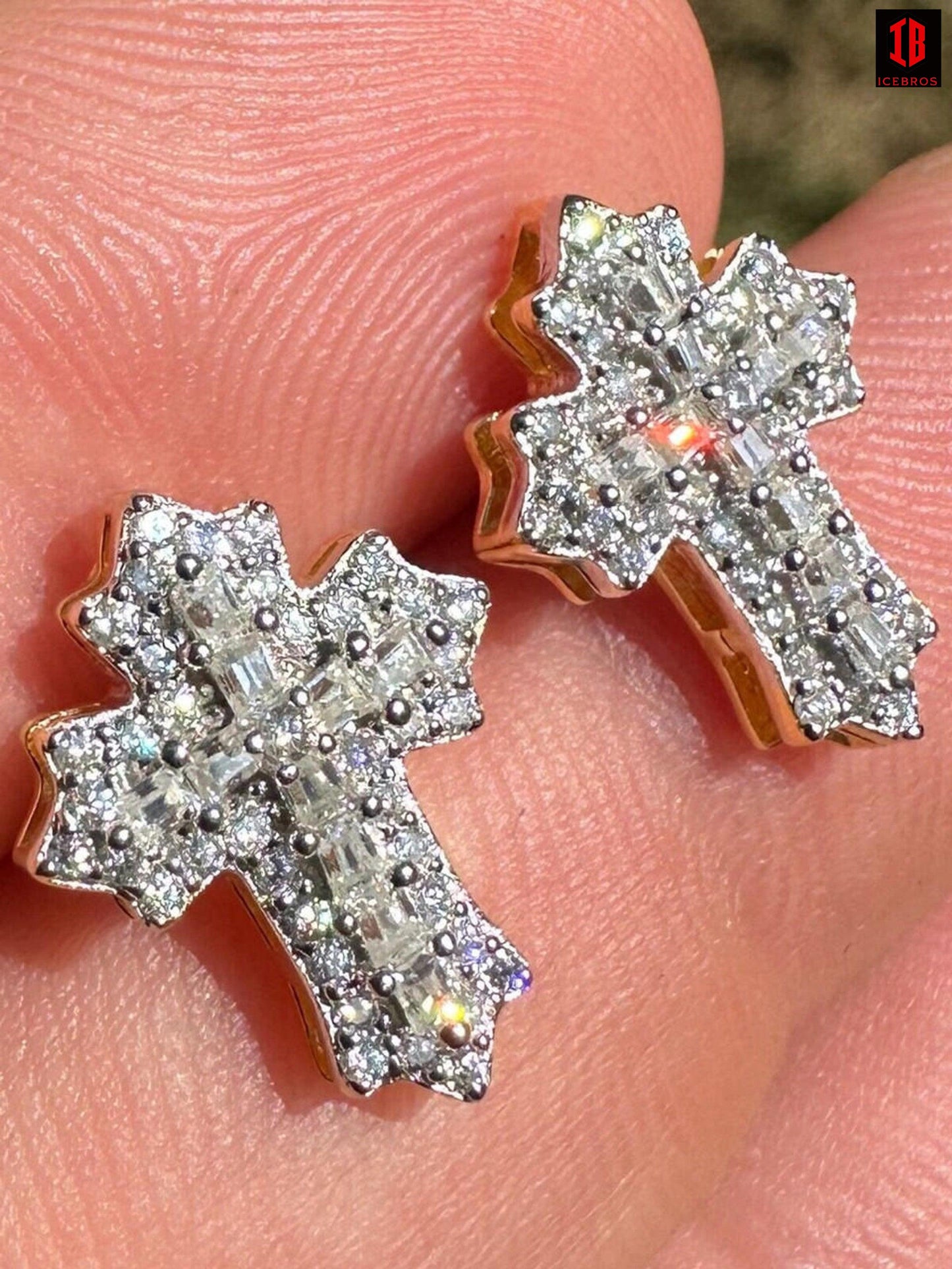 CZ  yellow gold Gothic Cross Large Earrings Real 925 Silver Iced Moissanite Hip Hop Mens Ladies