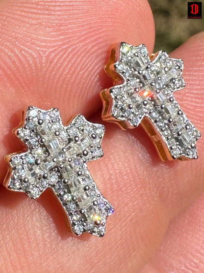 CZ  WHITE  gold Gothic Cross Large Earrings Real 925 Silver Iced Moissanite Hip Hop Mens Ladies