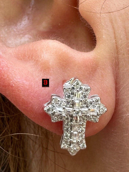 CZ  yellow gold Gothic Cross Large Earrings Real 925 Silver Iced Moissanite Hip Hop Mens Ladies