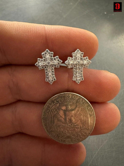 yellow gold Gothic Cross Large Earrings Real 925 Silver Iced Moissanite Hip Hop Mens Ladies