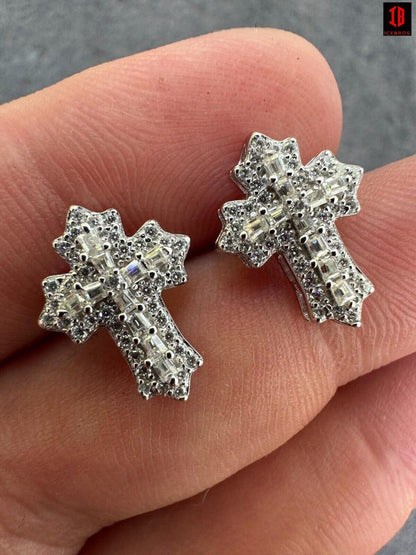 CZ  yellow gold Gothic Cross Large Earrings Real 925 Silver Iced Moissanite Hip Hop Mens Ladies